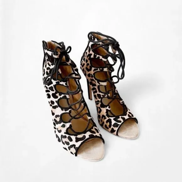 Zara Brown Leopard Print Ankle Lace Up Peep Toe Stiletto Heel Size 5.5/6